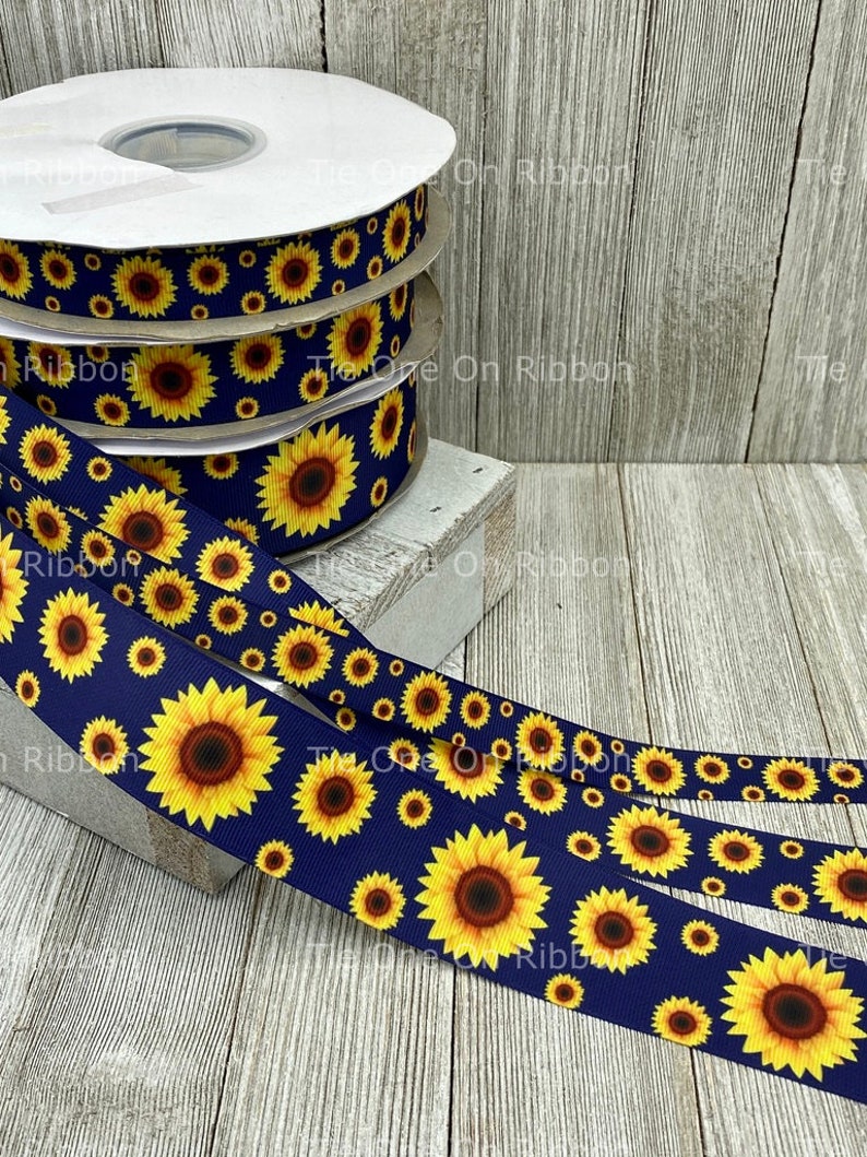 Sunflower Ribbon Bright Sunflowers On Navy Print Grosgrain Ribbon