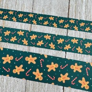 Gingerbread Cookies Candy Canes on GreenPrinted Grosgrain Ribbon - 5/8" - 7/8" - 1.5" - Sew - Craft - Decor - Christmas Cookie - Baking