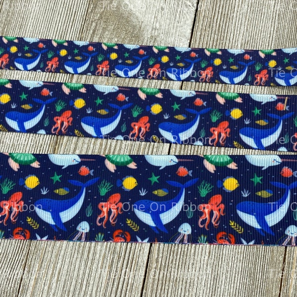 SALE! 5 Yards Whale and Octopus Ocean Print Grosgrain Ribbon -  5/8 - 1 - 1.5 Inch - Sewing - Crafting - Decorating - Key Fob - Collar - Bow
