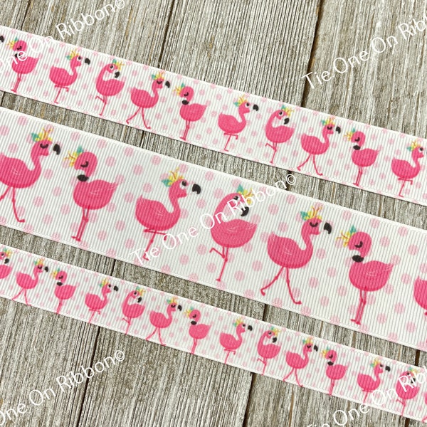 Pink Flamingos & Polka Dot Grosgrain Ribbon - 5/8" - 7/8" - 1" - 1.5" - Sewing - Crafts - Decorating - Tags - Key Fobs - Bows - Collars