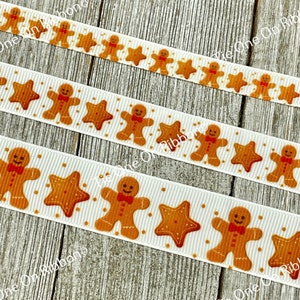Gingerbread Cookies And Stars Printed On White Grosgrain Ribbon - 3/8&quot; - 5/8&quot; - 7/8&quot; - Sew - Craft - Decor - Christmas - Baking - Wrap