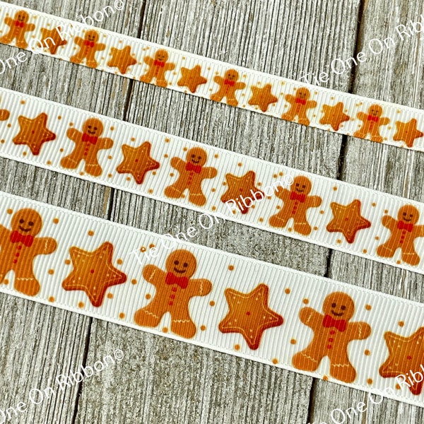 Gingerbread Cookies And Stars Printed On White Grosgrain Ribbon - 3/8" - 5/8" - 7/8" - Sew - Craft - Decor - Christmas - Baking - Wrap