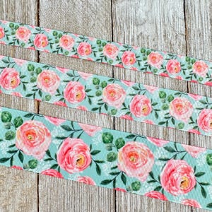 Large Pink Roses Aqua Background  Printed Grosgrain Ribbon - 5/8&quot; - 7/8&quot; - 1&quot; - 1.5&quot; - Sew - Craft - Wedding - Hair Bow - Luggage Tag - Wrap