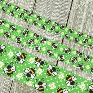 Yellow And Black Bumble Bees on Green With White Daisy Printed Grosgrain Ribbon - 5/8 - 7/8 - 1 - 1.5 Inch - Craft - Decor - Hair Bows