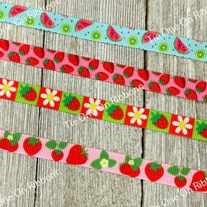 3/8&quot; Width - Choice of Four Watermelon or Strawberry Printed Grosgrain Ribbon - Sew- Craft -  Decor - Gift Wrap - Tags - Hair Bow - Streamer