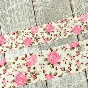 Pink Roses Floral On Pale Linen Print Grosgrain Ribbon - 5/8&quot; - 1&quot; - 1.5&quot; - Sew - Craft - Scrapbook - Tags - Key Fob - Bow - Collar - Wreath