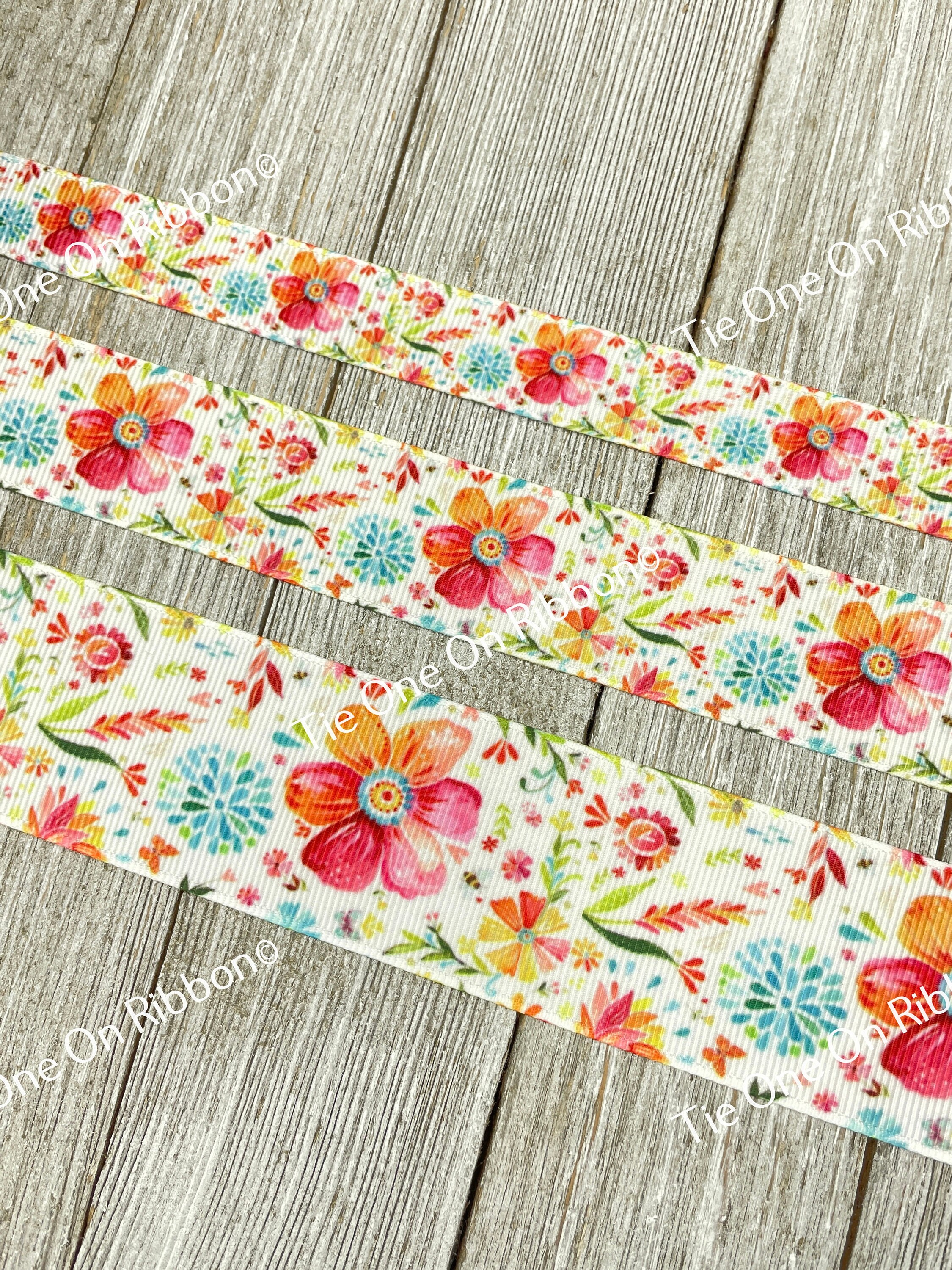 Blended Pink, Orange, Blue Flowers Floral Printed Grosgrain Ribbon