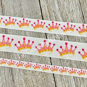 Pink Crowns Tiaras On White Grosgrain Ribbon - 3/8&quot; - 5/8&quot; - 7/8&quot; - 1.5&quot; - Princess - Birthday - Shower - Gift Wrap - Sew - Gift Wrap