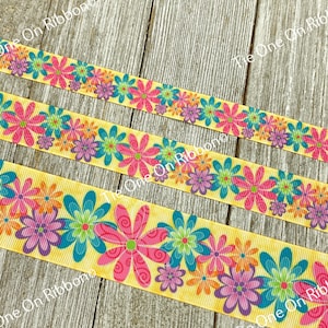 Fiori luminosi su sfondo giallo stampati su nastro grosgrain bianco - 5/8 - 7/8 - 1,5 pollici - cucito - artigianato - decorazione - fiocco - cordino - portachiavi