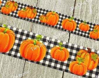 Fall Pumpkin On Black Check Printed Grosgrain Ribbon - 7/8 - 1.5" - Sew - Craft - Table Decor - Hair Bow -  Wreath - Scrapbook - Costume