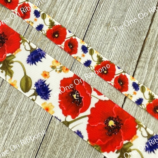 Large Red Poppy Printed Grosgrain Ribbon -  5/8 - 1.5 Inch - Sewing - Crafting - Bows - Decor - Wreath - Tag - Memorial - Veteran's Day