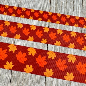 Orange and Brown Fall Autumn Leaves Printed Grosgrain Ribbon -  5/8&quot; - 1&quot; - 1.5&quot; - Sew - Craft - Decor - Table Decor - Hair Bow - Scrapbook
