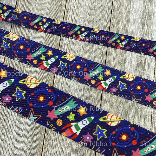 Space Rocket, Outer Space,  Planets, Solar System Printed Grosgrain Ribbon - 5/8" -7/8" - 1"  - 1.5"  - Sewing - Crafting - Decor - Nursery