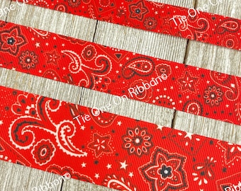 Red Bandana Cowgirl Western Printed Grosgrain Ribbon -  5/8" - 7/8" - 1" - 1.5"  - Sewing - Crafting - Decorating - Bow - Costume - Party