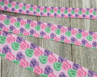 ¡VENTA! Cinta estampada de corazones de conversación verde, morado y rosa de 5 yardas - 5/8"- 1" - 1.5" - Coser- Manualidades - Lazo - Caja del Día de San Valentín