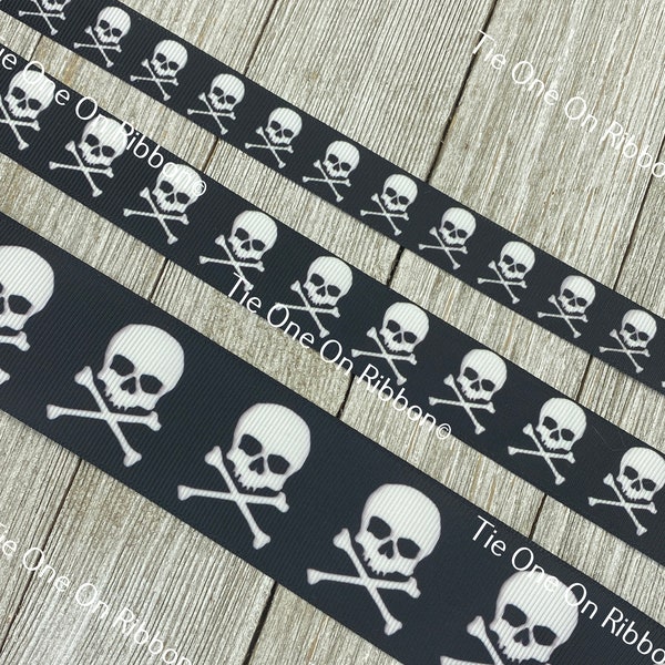 Skull And Cross Bones On Black Background Printed Ribbon  5/8" - 7/8" - 1.5" - Craft - Party Decor - Costume - Biker Babe - Poison - Bones