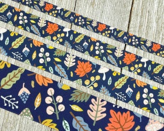 Fall Foliage Mushrooms on Navy  Printed Grosgrain Ribbon -  3/8" - 5/8" - 7/8" - 1.5"  - Sew - Craft - Bows - Lanyard - Decor - Party