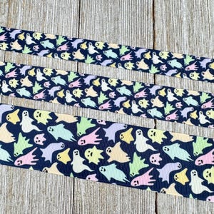 Pastel Yellow Pink Blue Green Ghosts Black Background PrintedGrosgrain Ribbon -  5/8&quot; - 7/8&quot; - 1.5&quot; -  Sew - Craft - Decor - Costume - Bows