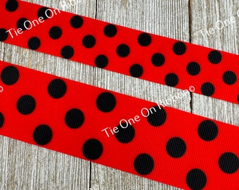 Black Dots And Red Printed Grosgrain Ribbon - 1" - 1.5" - Sew - Craft - Ladybug - Luggage Tag - Bow -  Party Favor - Polka Dot Ribbon