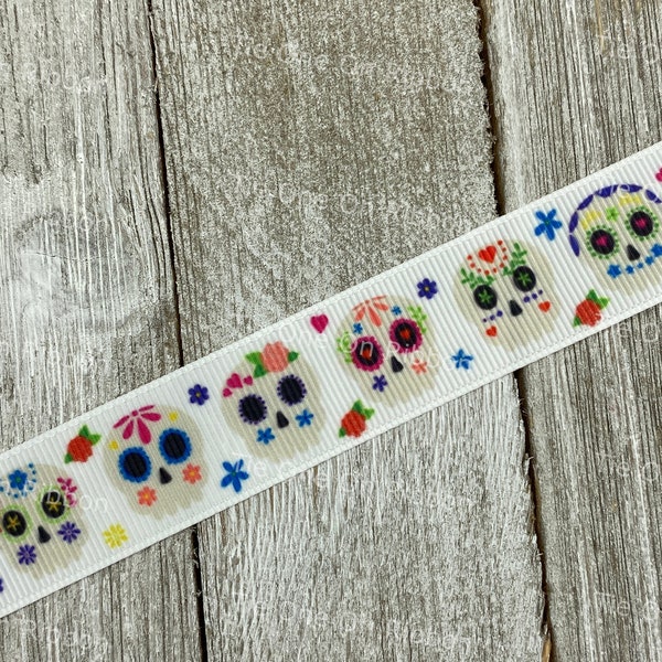 Super Clearance! 5 Yards Any Size  Sugar Skulls On White Printed Grosgrain Ribbon  7/8" - Sew - Craft - Decor - Costume - Day of The Dead