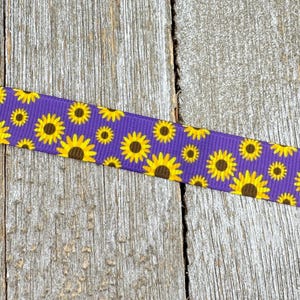 Sale! 3 or 5 Yards Yellow Sunflowers Black Eyed Susan on Purple Printed Grosgrain Ribbon - 5/8&quot; - Craft - Hair Bow - Gift Wrap - Luggage Tag