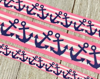 Pink and Navy Anchor Printed Grosgrain Ribbon -  5/8" - 7/8" - 1" - 1.5" - Sewing - Crafting - Decorating - Bow - Collar