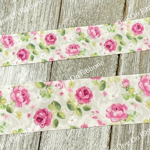 Sale! 5 Yards Pink Roses on Linen Floral Print Grosgrain Ribbon - 1 &quot;- 1.5&quot; - Sew - Craft - Hair Bow - Hair Ribbon - Wedding Shower - Tag