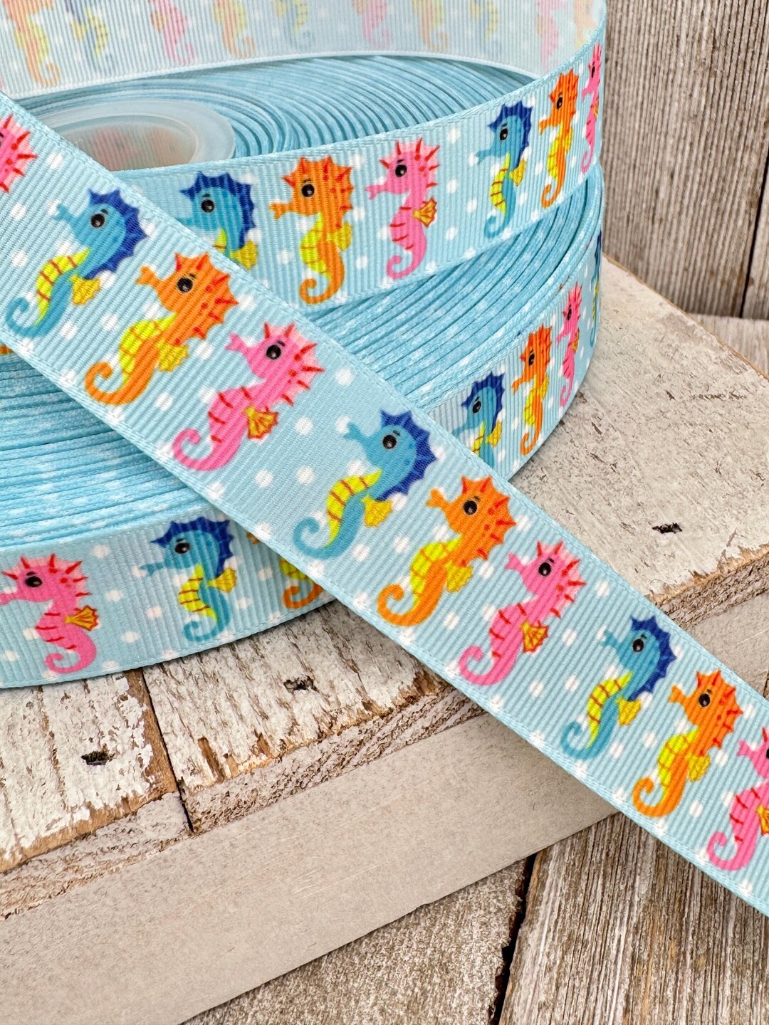 Ocean Ribbon Design Seahorse Sea Life Ocean Theme on Blue and White Dots Printed Grosgrain ...