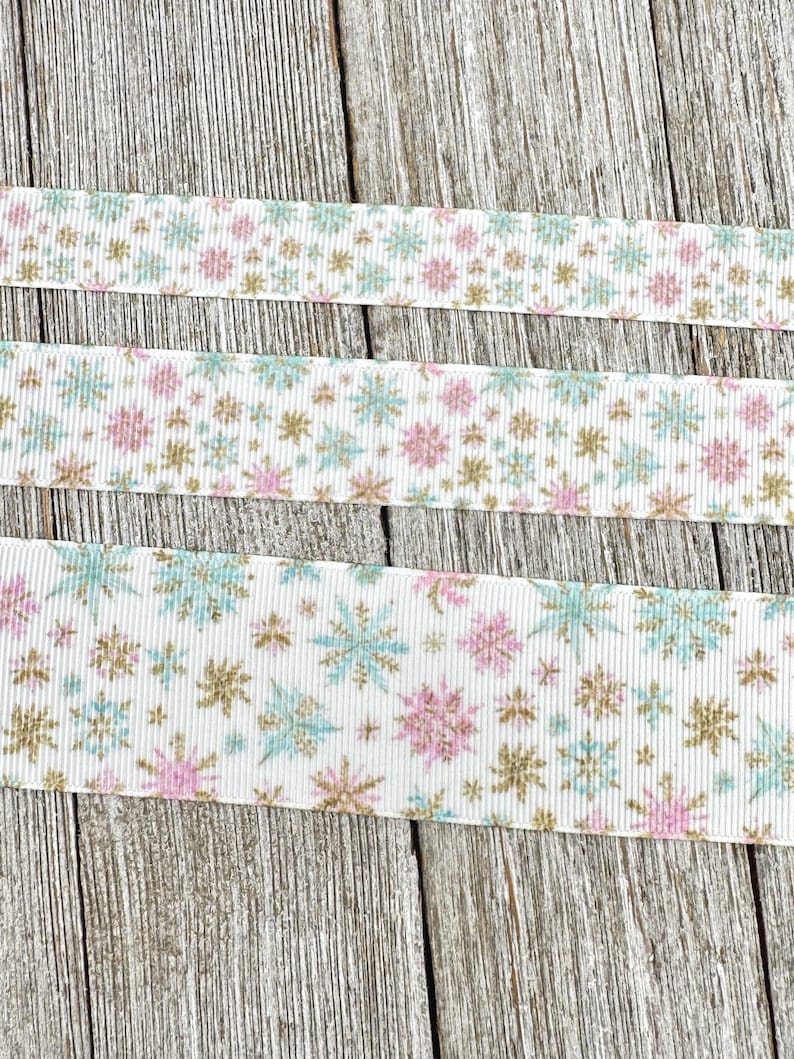 Pastel Winter Snowflakes Printed Grosgrain Christmas Ribbon: 5/8", 7/8", 1.5" - Winter Princess, Gift Wrap, Hair Bow, Dog Collar image 1