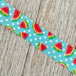 Watermelon On Blue and White Dotted Printed Grosgrain Ribbon - 7/8&quot; - Crafting - Decor - Bow - Collar - Party - Wreath - Gift Basket - Tag