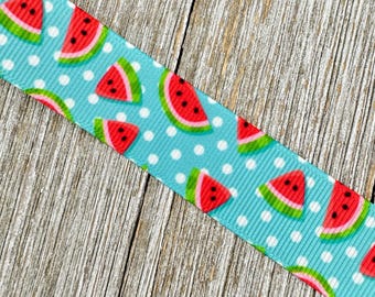 Watermelon On Blue and White Dotted Printed Grosgrain Ribbon - 7/8" - Crafting - Decor - Bow - Collar - Party - Wreath - Gift Basket - Tag