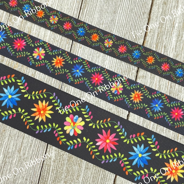 Estampado floral multicolor mexicano brillante sobre fondo negro Cinta de grosgrain - 5/8" - 7/8" - 1" - 1.5" - Costura - Elaboración - Decoración