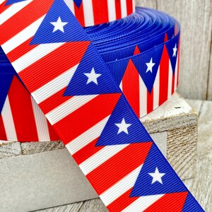 Pennant Patriotic Stars and Red and White Stripes Printed Grosgrain Ribbon - 1.5&quot; - Craft - Decor - Party - Hair Bow - Wreath - Luggage Tag