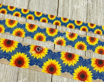 Sunflowers On Blue Lace & Burlap Printed Grosgrain Ribbon - 5/8" - 1" - 1.5" Sew - Craft - Wedding - Shower - Bow - Wreath - Tag - Gift Wrap