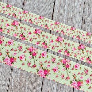 Sale! 5 Yards Baby Pink Roses on Pale Green Floral Print Grosgrain Ribbon - 5/8&quot; - 1&quot;  - 1.5&quot; - Hair Bow - Craft - Baby Shower - Gift Wrap