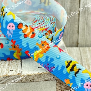 Fish Jellyfish Seahorse Sea Life Ocean Print Grosgrain Ribbons - 7/8 Inch - Sewing - Craft - Decor - Hair Ribbon - Bow