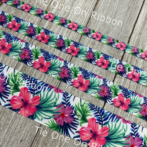 Colorful Pink and Purple Hibiscus Printed Grosgrain Ribbon - 3/8" - 5/8" - 7/8" - 1.5" - Craft - Decor- Bow - Tag - Party - Collar - Lava