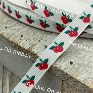 Red Cherries Lined on White Printed Grosgrain Ribbon -  3/8&quot; - Sewing - Crafting - Bow - Collar - Hair Bow - Jelly Jar - Narrow Ribbon