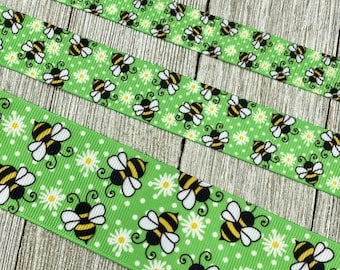 Yellow And Black Bumble Bees on Green With White Daisy Printed Grosgrain Ribbon - 5/8 - 7/8 - 1 - 1.5 Inch - Craft - Decor - Hair Bows