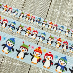 Cute Winter Penguins In Knit Caps Printed Grosgrain Ribbon - 5/8&quot; - 7/8&quot; - 1&quot; - 1.5&quot; - Sew - Craft - Decor - Gift Wrap - Tag