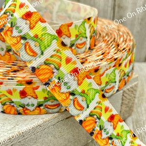 Sale! 5 Yards Fall Gnomes Pumpkins Sunflowers Printed Grosgrain Ribbon -  7/8"  - Sew - Craft - Decor - Bow - Collar - Wrap - Tag