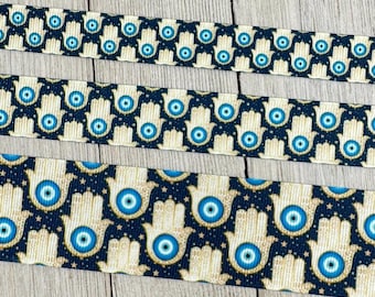 Evil Eye Hamsa Talisman Printed on White Grosgrain Printed Ribbon: 5/8", 7/8", 1.5", Luggage Tag, Key Fob, Gift Wrap, Bookmark, Yoga