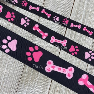 Pink Dog Bones and Paw Prints Printed Grosgrain Ribbon - 5/8" - 7/8" - 1.5" - Sew - Craft - Decorating - Bow - Collar - Leash - Scrapbook