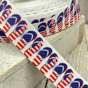 Patriotic Printed Grosgrain Ribbon - 7/8&quot; Flip Flop Print -  Sewing - Crafting - Decorating - Party - Parade