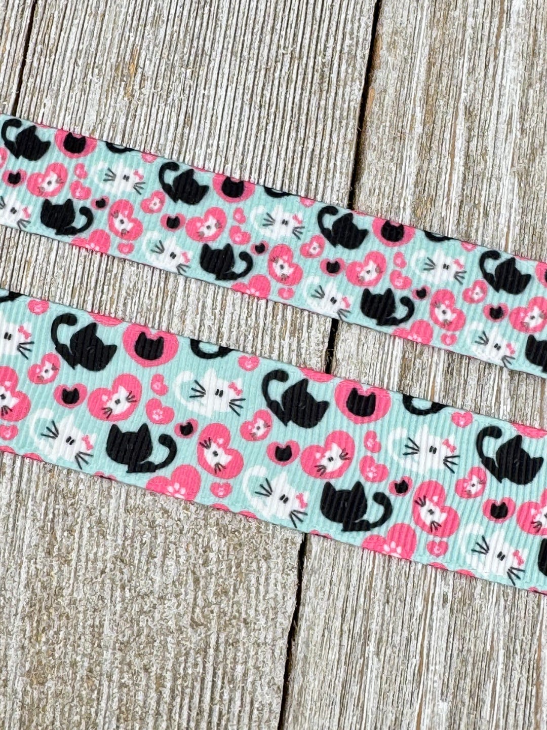 Cute Colorful Cat and Hearts Printed Grosgrain Ribbon - 5/8