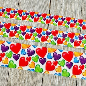 Corazones brillantes impresos en cinta de grosgrain blanca - 5/8&quot; - 7/8&quot; - 1,5&quot; - Coser - Manualidades - Lazos - Fiestas - San Valentín - Etiquetas para equipaje - Envoltura de regalo