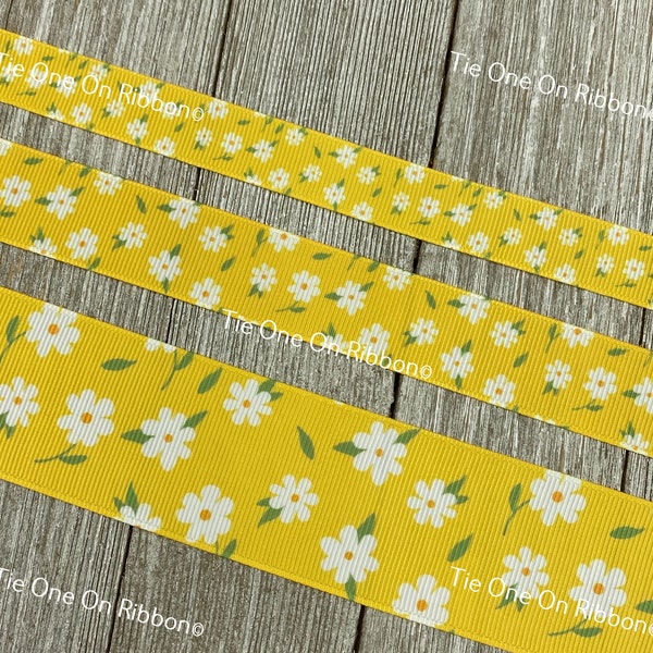 White Daisies Green Leaves On Yellow Background Printed Grosgrain Ribbon - 5/8" - 7/8" - 1.5" - Sew - Craft - Hair Bow - Lanyard - Wrap