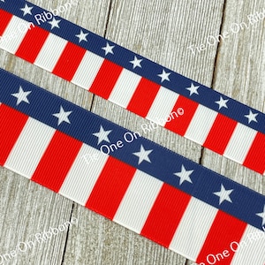 Wide Stripes & Patriotic Stars Printed Grosgrain Ribbon -  1&quot; - 1.5&quot; - Craft - Decor - Party - Hair Bow - Wreath - Jully 4 - USA - America