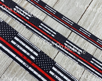 Distressed Print Thin Red Line Fire and Rescue Support Printed Grosgrain Ribbon - 5/8&quot; - 7/8&quot; - 1&quot; - 1.5&quot; - Sewing - Craft - Decorating