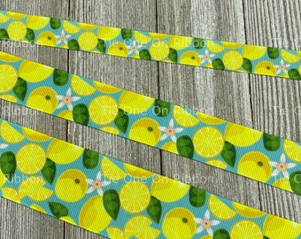 Fresh Yellow Lemons with Blossoms on Aqua Background Grosgrain Ribbon - 5/8 - 7/8 - 1 - 1.5 Inch - Sewing - Crafting - Decor - Bow - Key Fob